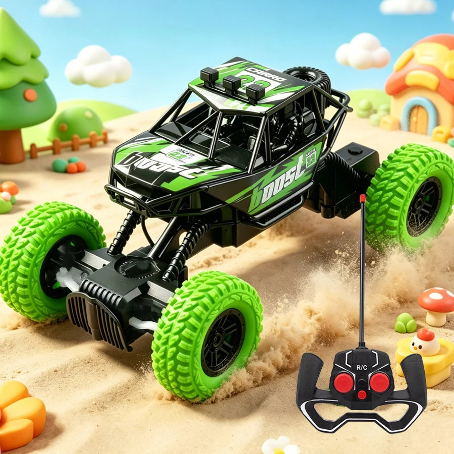 A black and green off-road remote control car with large tires is shown on a sandy surface.