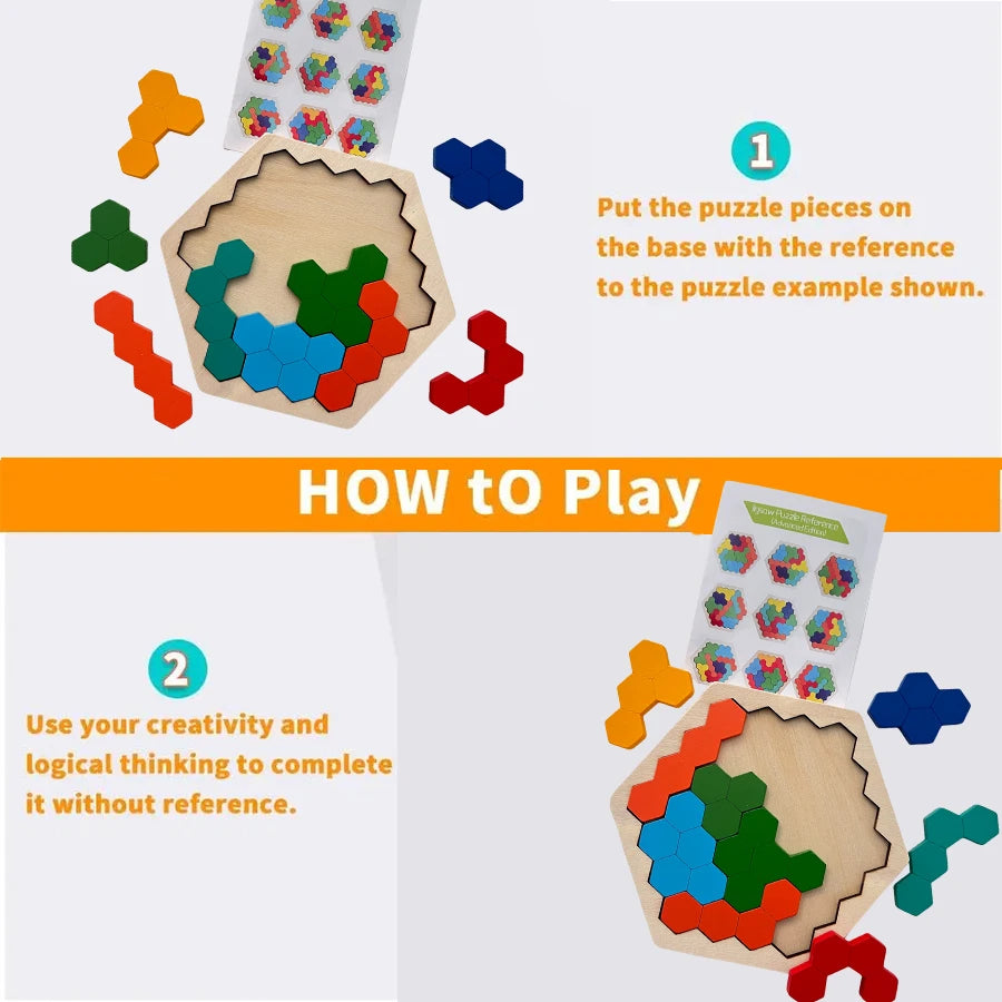 A wooden tangram puzzle set showing colored pieces and instructions for a creative puzzle activity.