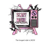 A graphic design featuring a television set with a spooky theme and spiderwebs, promoting a scary movie marathon.
