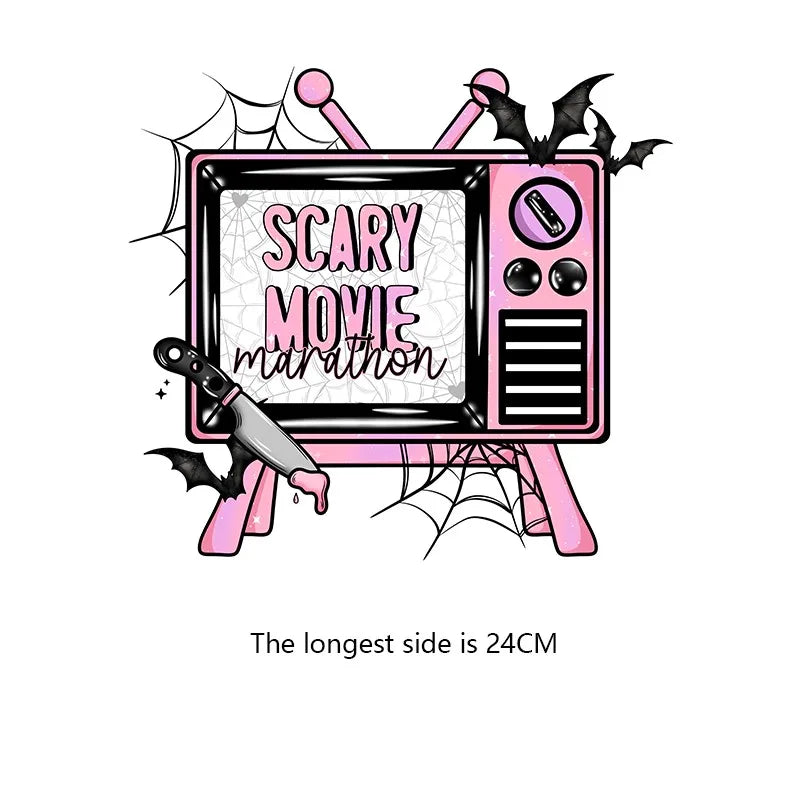 A graphic design featuring a television set with a spooky theme and spiderwebs, promoting a scary movie marathon.