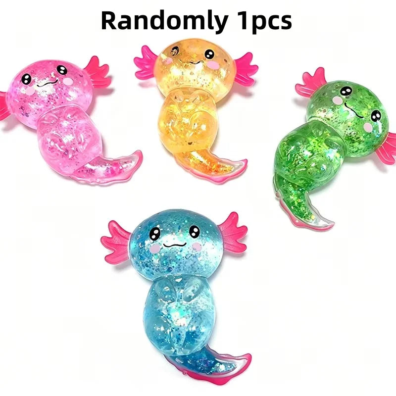 Randomly 1 piece of glitter axolotl squishy stress relief toy in pink, yellow, and green colors
