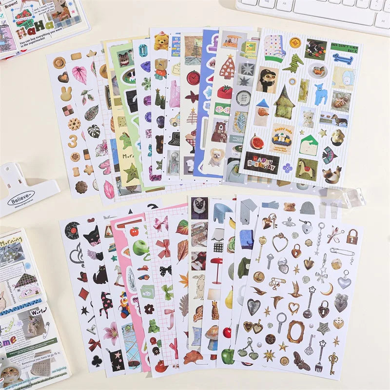 A collection of retro aesthetic stickers and craft supplies for DIY projects displayed on a light surface.