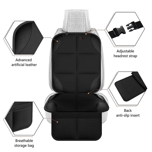 A black car seat protector cover with an adjustable headrest strap and a breathable storage bag insert.