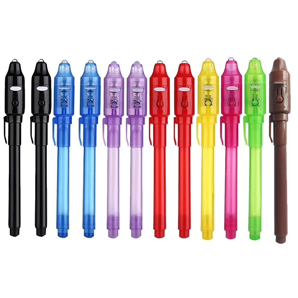 A set of colored invisible ink spy pens with UV light for secret messages