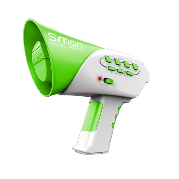 A white and lime green voice changer megaphone device.