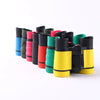 A row of colorful kids binoculars in various colors like blue, green, pink, and red.