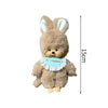 A fluffy brown rabbit plush toy with white inner ears and a light blue ruffled collar.