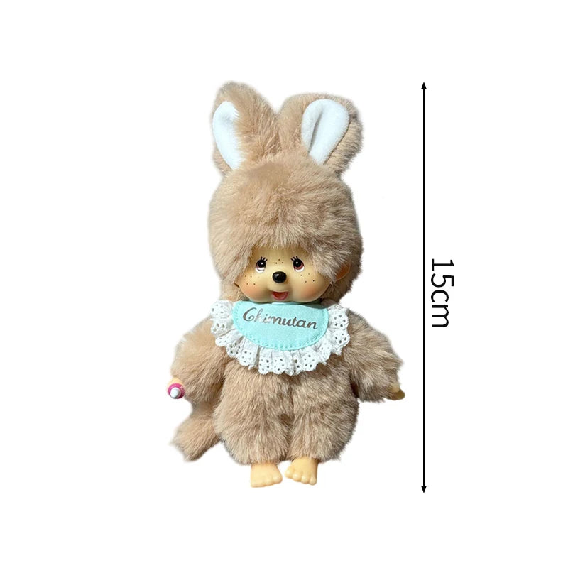 A fluffy brown rabbit plush toy with white inner ears and a light blue ruffled collar.