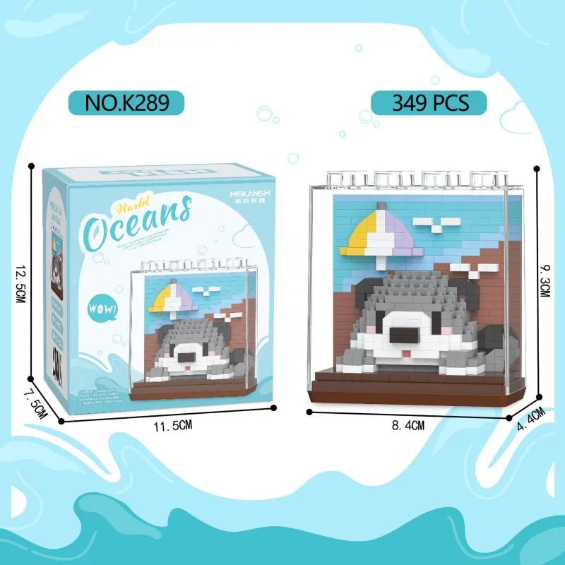 A box of 349 pieces of Ocean Animals building blocks featuring a shark, dolphin, and whale mini models.