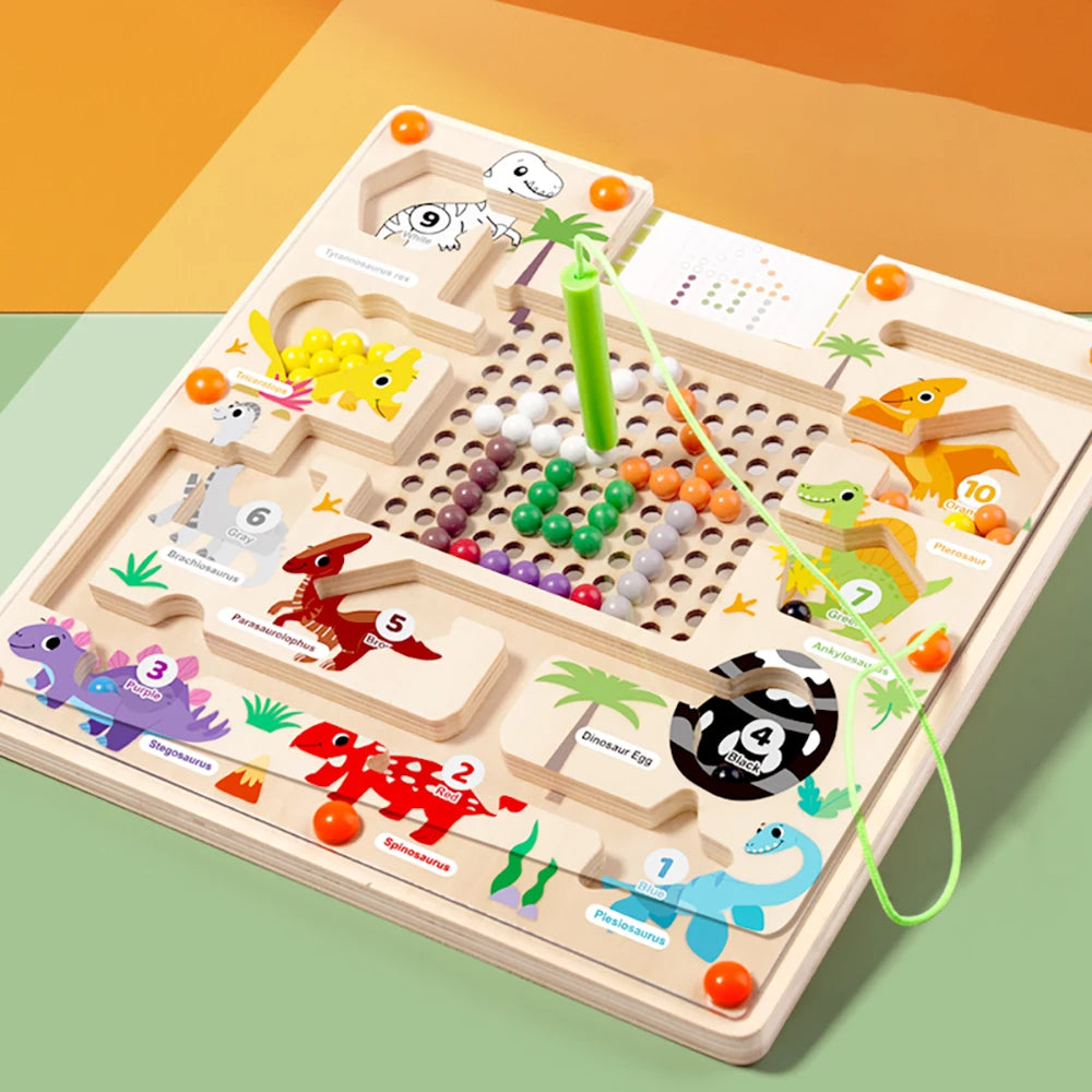 A wooden magnetic dinosaur counting board with numbered paths and colored beads for educational play.