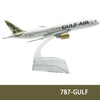Diecast model of a Gulf Air aircraft in white with gold accents.