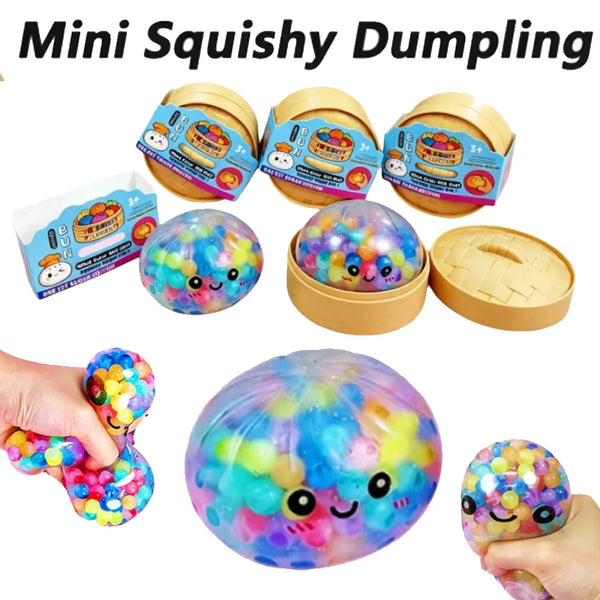 A collection of colorful squishy dumpling fidget toys and rainbow bead toys are displayed.