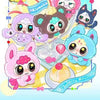 A collection of cute, colorful blind box pendants featuring strawberry mousse themes and various animal characters.