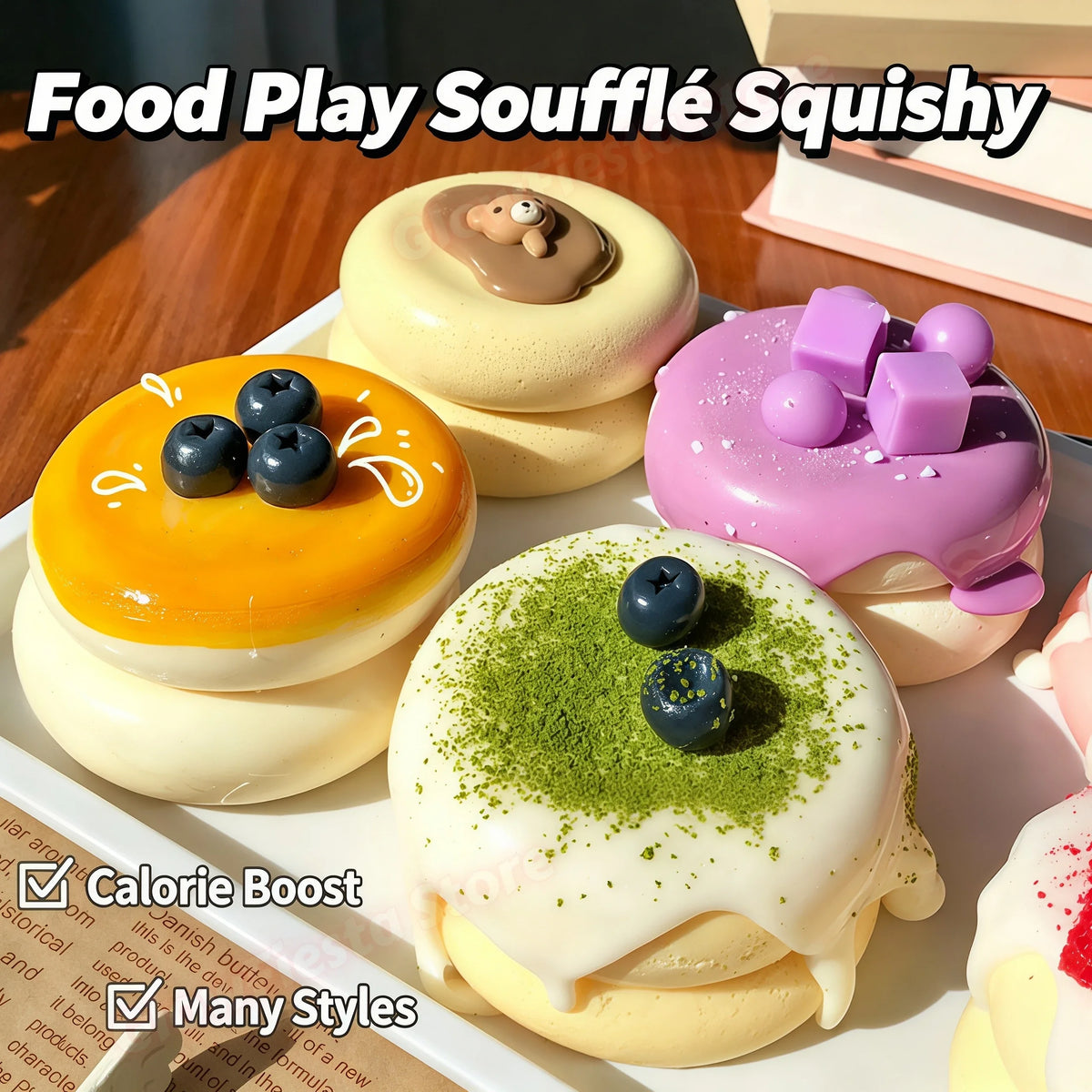 A display of colorful food play squishies including yellow, pink, and green flavored soufflé-shaped toys.