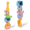 A set of wooden animal stacking blocks in various colors and shapes, arranged vertically.