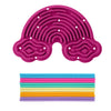 A pink silicone sensory activity board with 12 colorful strings laid out below it.