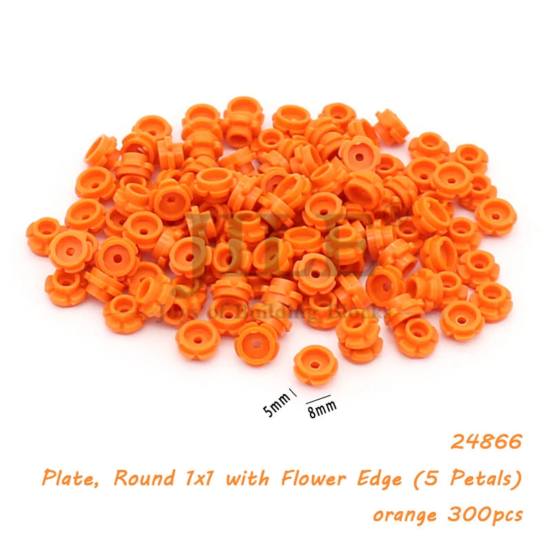 Orange round 1x1 plate with flower edge, 5 petals, for tree building blocks set