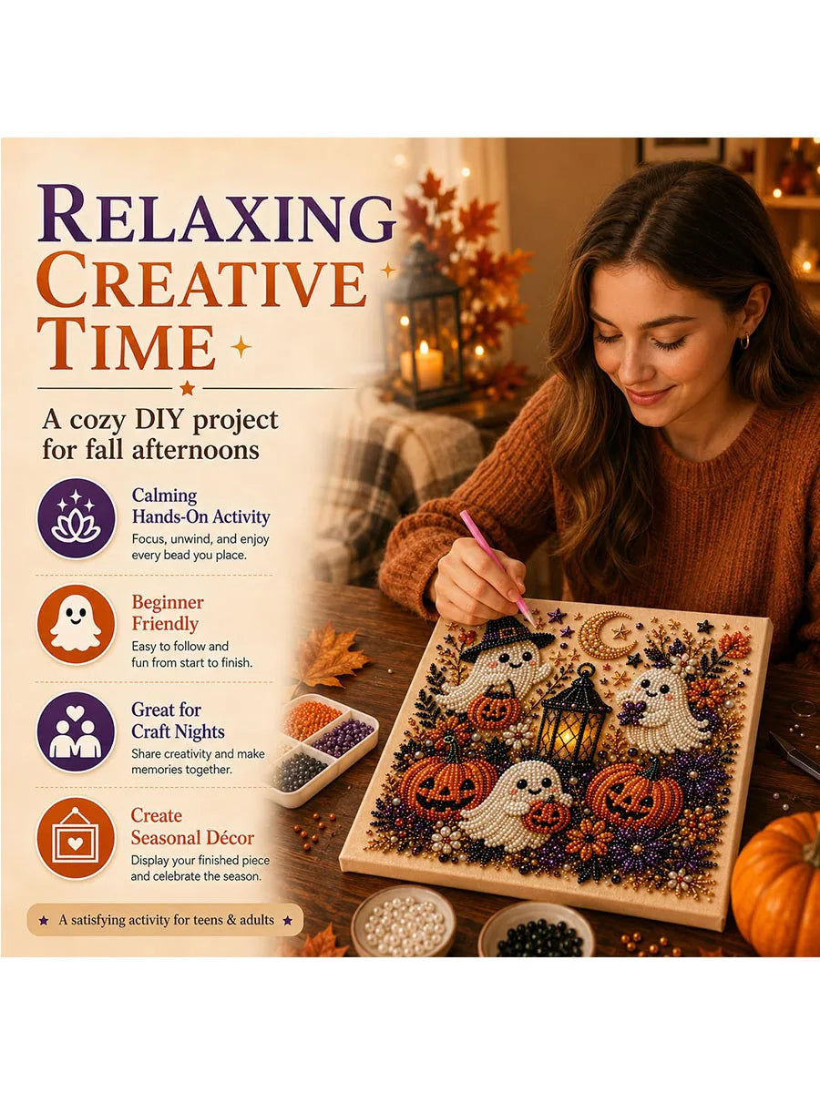 A woman is crafting a Halloween ghost and pumpkin art piece using a DIY kit with pearls and beads.