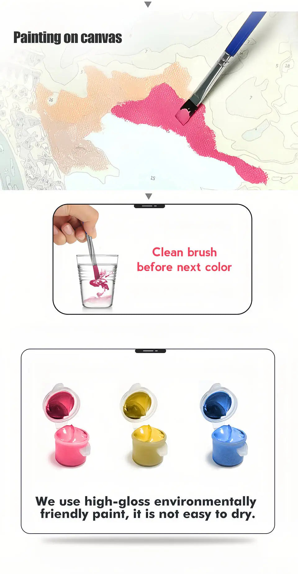 A set of high-gloss environmentally friendly paint colors including pink, yellow, and blue for painting on canvas.