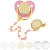 A pink baby pacifier and clip set with rhinestone accents displayed on a white background.