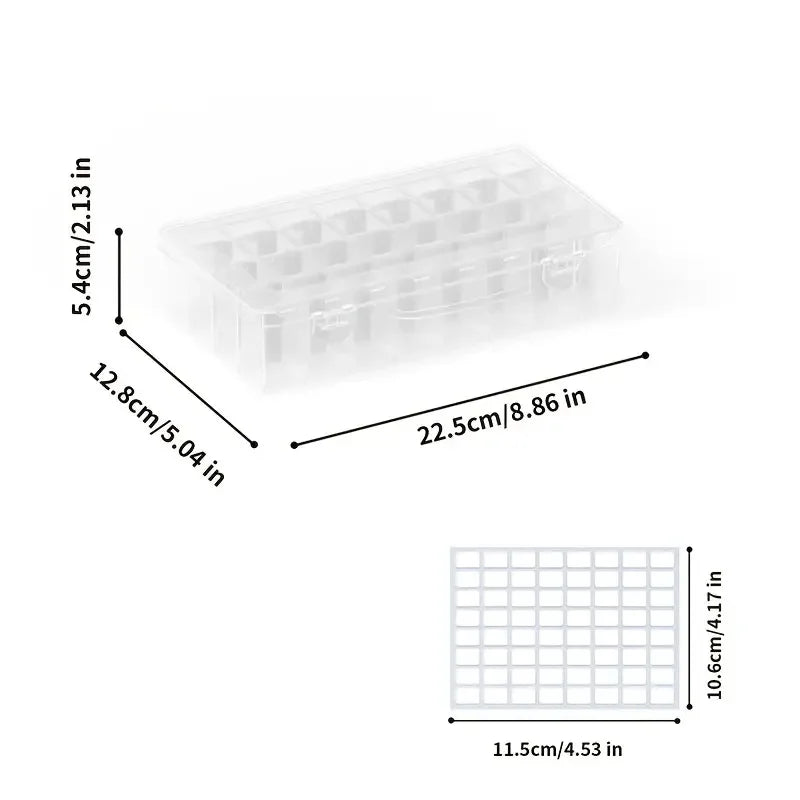 Clear plastic diamond painting bead storage box with a portable handle, showing dimensions.