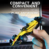 A yellow and black 1:64 scale RC formula racing car is held by a hand, highlighting its compact and convenient design.