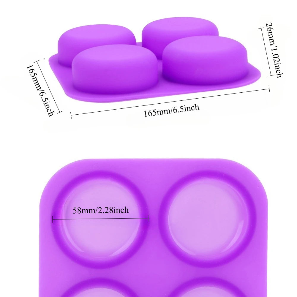 A purple reusable silicone soap mold with four cavities is shown from above and a close-up view.
