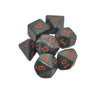 A pile of seven polyhedral dice in black and red colors, used for tabletop role-playing games.