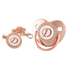 Rose gold bling baby pacifier clip with silicone holder featuring a delicate D design