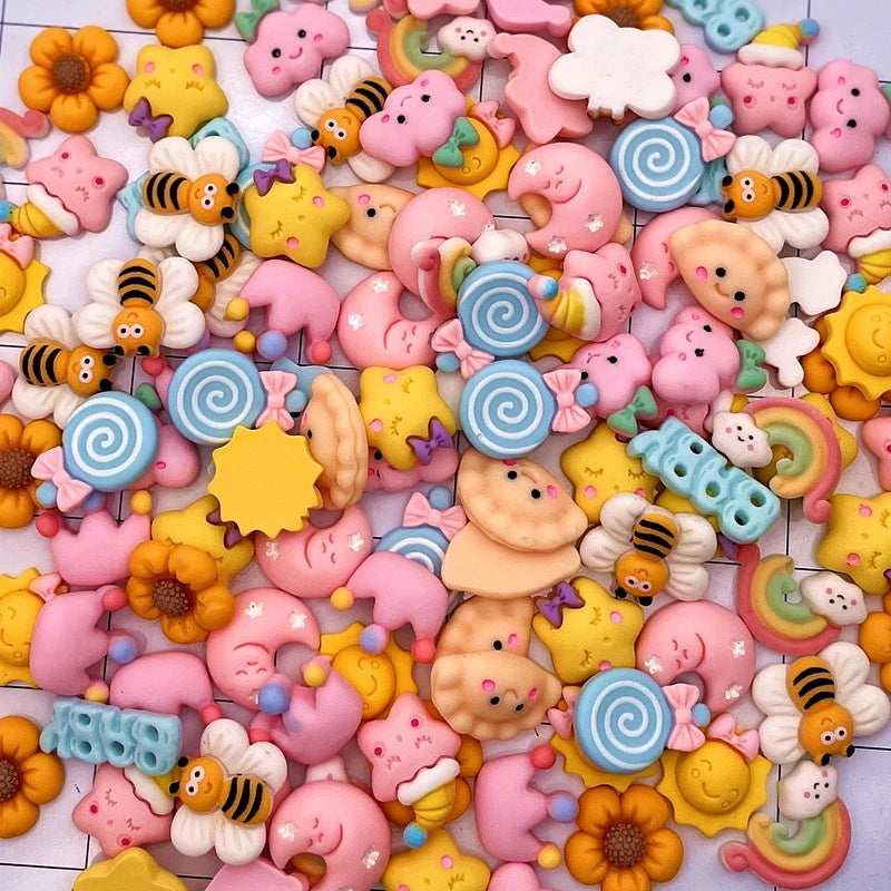 Assorted colorful resin flatbacks and charms for DIY crafts and jewelry making
