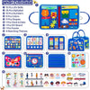 A Montessori busy board for toddlers showing various life skills, alphabet, numbers, colors, shapes, and matching themes.