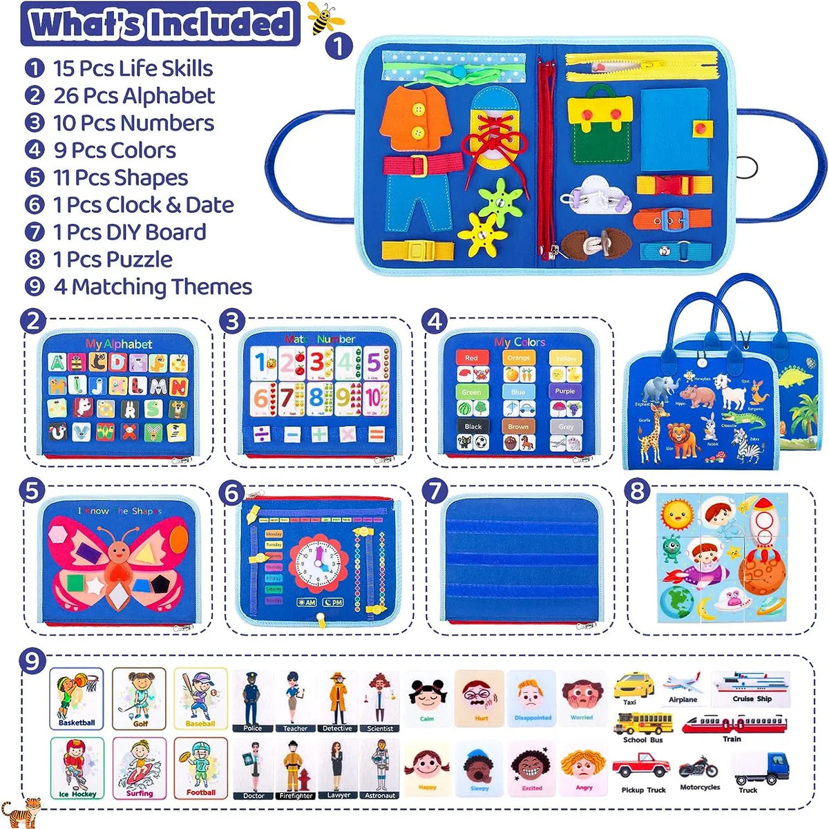 A Montessori busy board for toddlers showing various life skills, alphabet, numbers, colors, shapes, and matching themes.