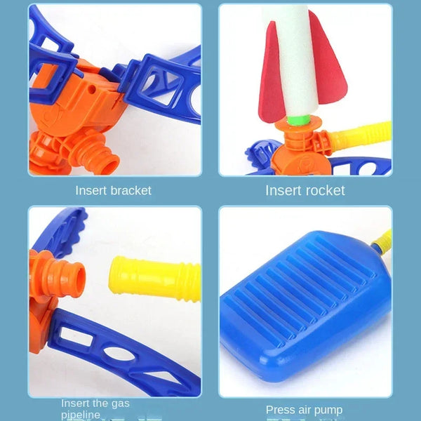 A set of insert bracket, insert rocket, insert the gas pipeline, and a press air pump for a step pump rocket launcher toy.