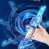 A hand holds a blue LED light-up dual-head rotating laser sword toy demonstrating stunt performance.