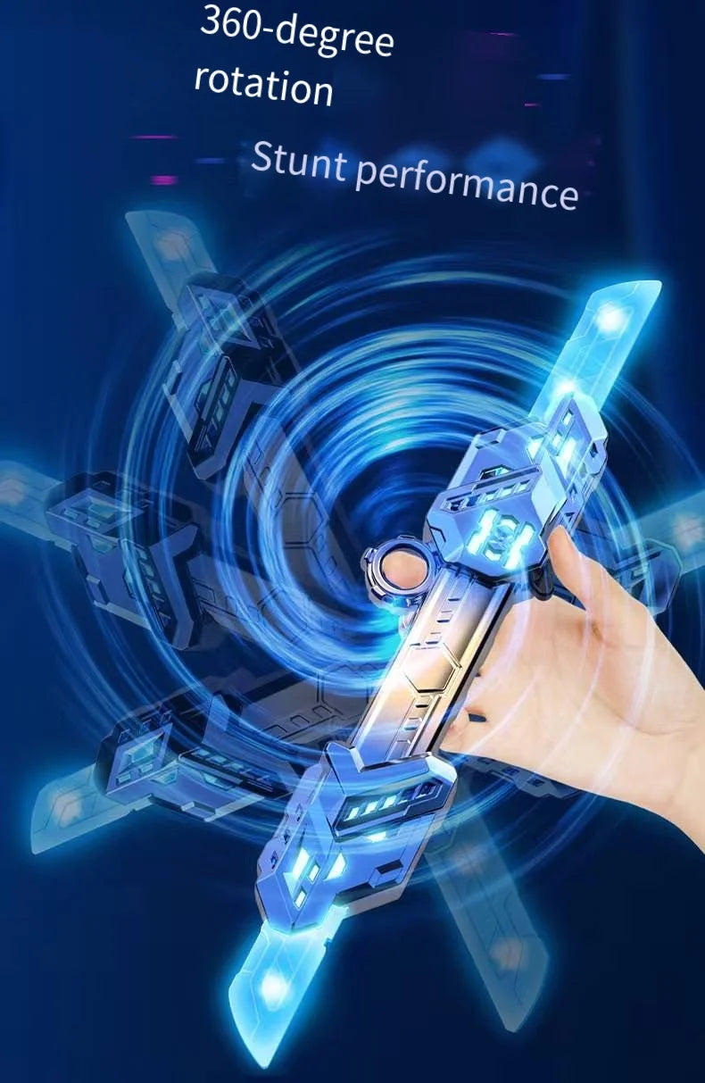 A hand holds a blue LED light-up dual-head rotating laser sword toy demonstrating stunt performance.