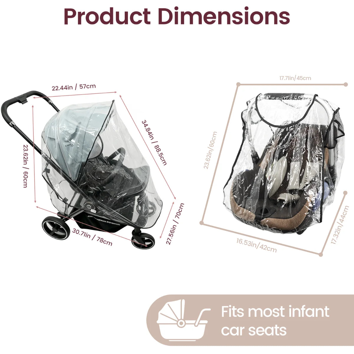 Product dimensions and view of a universal waterproof stroller rain cover with a breathable mesh window.