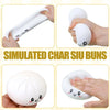 A set of white simulated Char Siu buns squishy toys shown in various hands and angles.