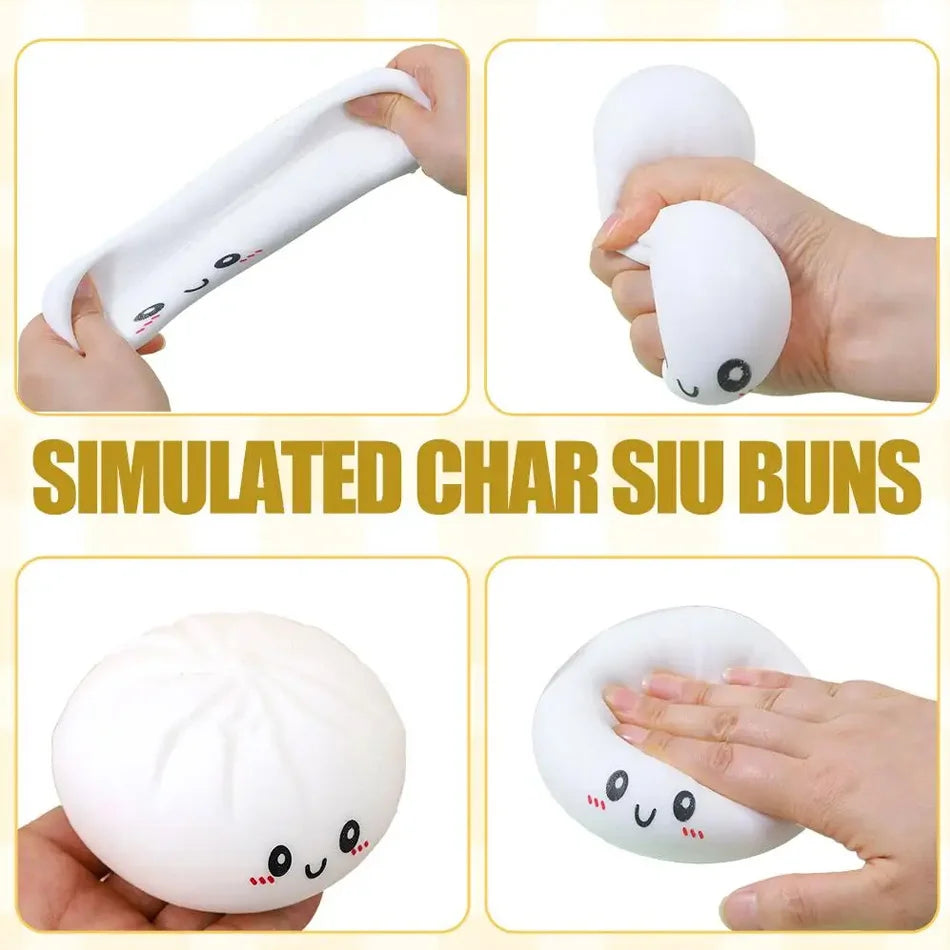 A set of white simulated Char Siu buns squishy toys shown in various hands and angles.