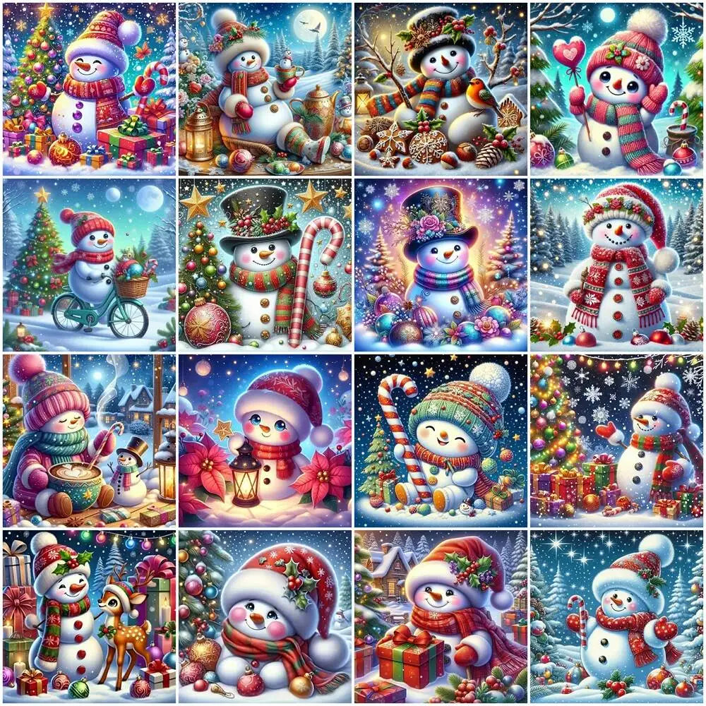 A collection of festive 5D diamond painting kits featuring various snowmen and Christmas tree scenes.