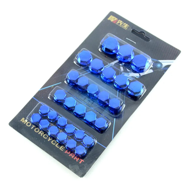 A set of blue decorative screw caps for motorcycle parts