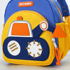 A blue and yellow cartoon digger truck backpack for preschoolers with orange accents.
