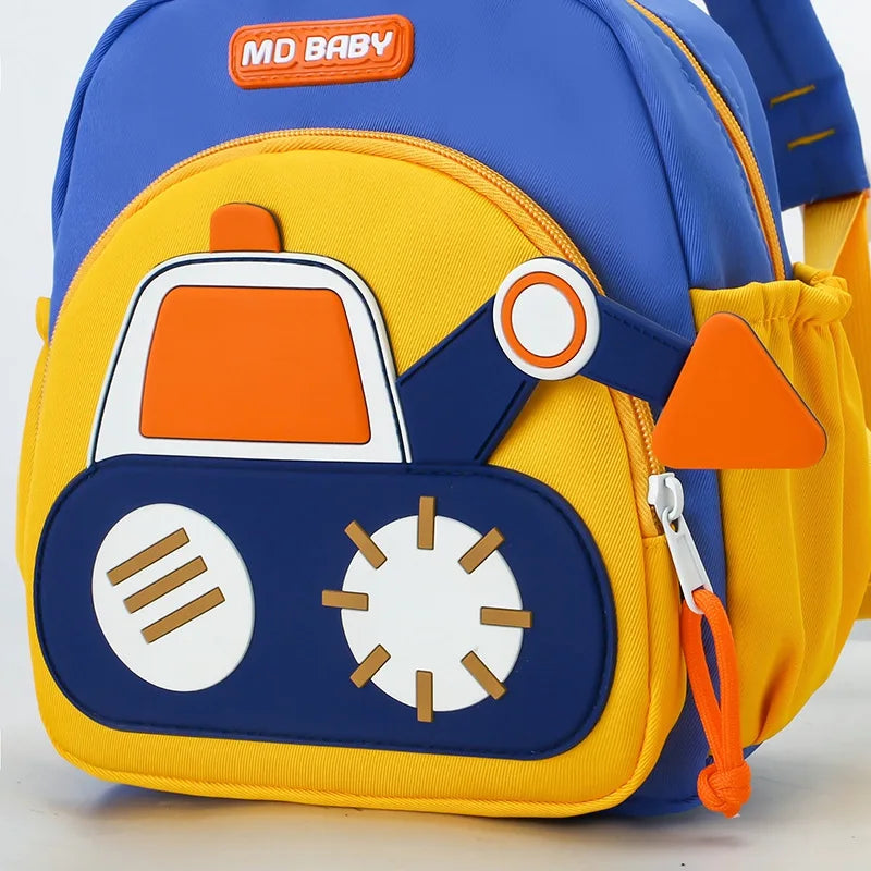 A blue and yellow cartoon digger truck backpack for preschoolers with orange accents.