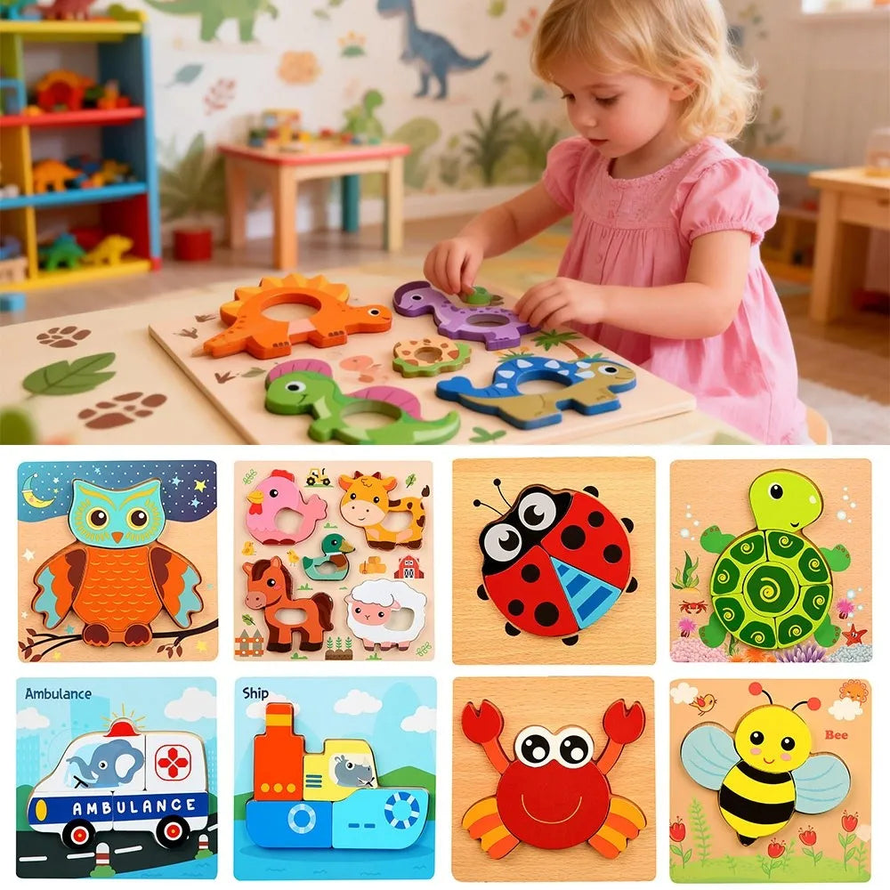 A set of 3D wooden animal puzzles featuring various colorful animals like a owl, hedgehog, and bee.
