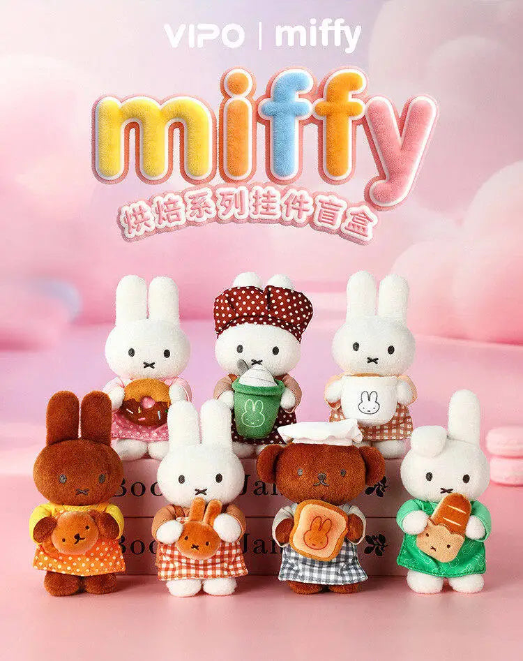 A collection of Miffy plush toys in various colors and outfits, including a bear, bunny, and other characters.