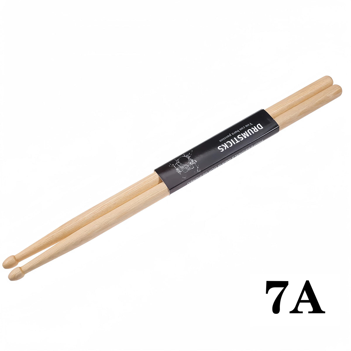 A set of premium maple drumsticks with black grips and wooden shafts, labeled 7A.