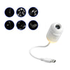 A white projector night light with an interchangeable filter is shown alongside several images of starry skies.