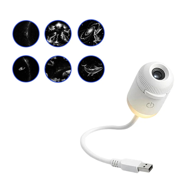 A white projector night light with an interchangeable filter is shown alongside several images of starry skies.