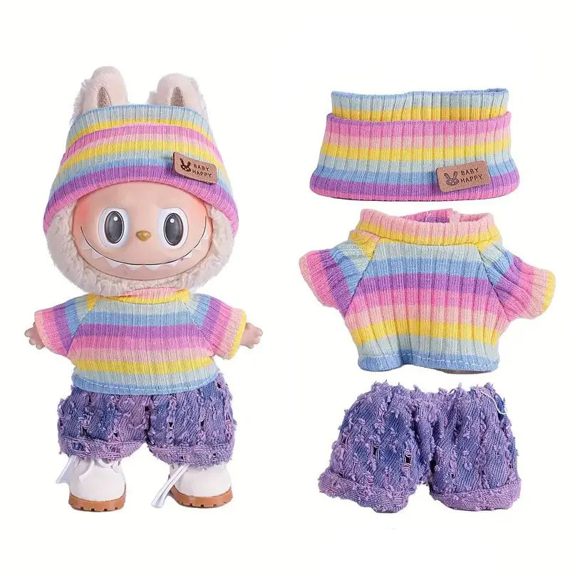 A doll outfit set featuring a striped pink and yellow sweater and matching purple pants.