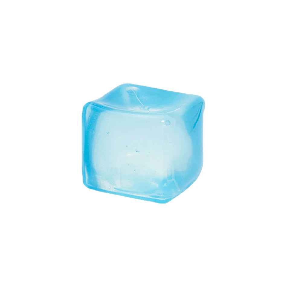 A translucent light blue cube used as a slow rising sensory fidget tool.
