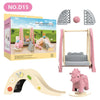 A set of miniature dollhouse furniture including a bathroom, kitchen, and laundry playset.